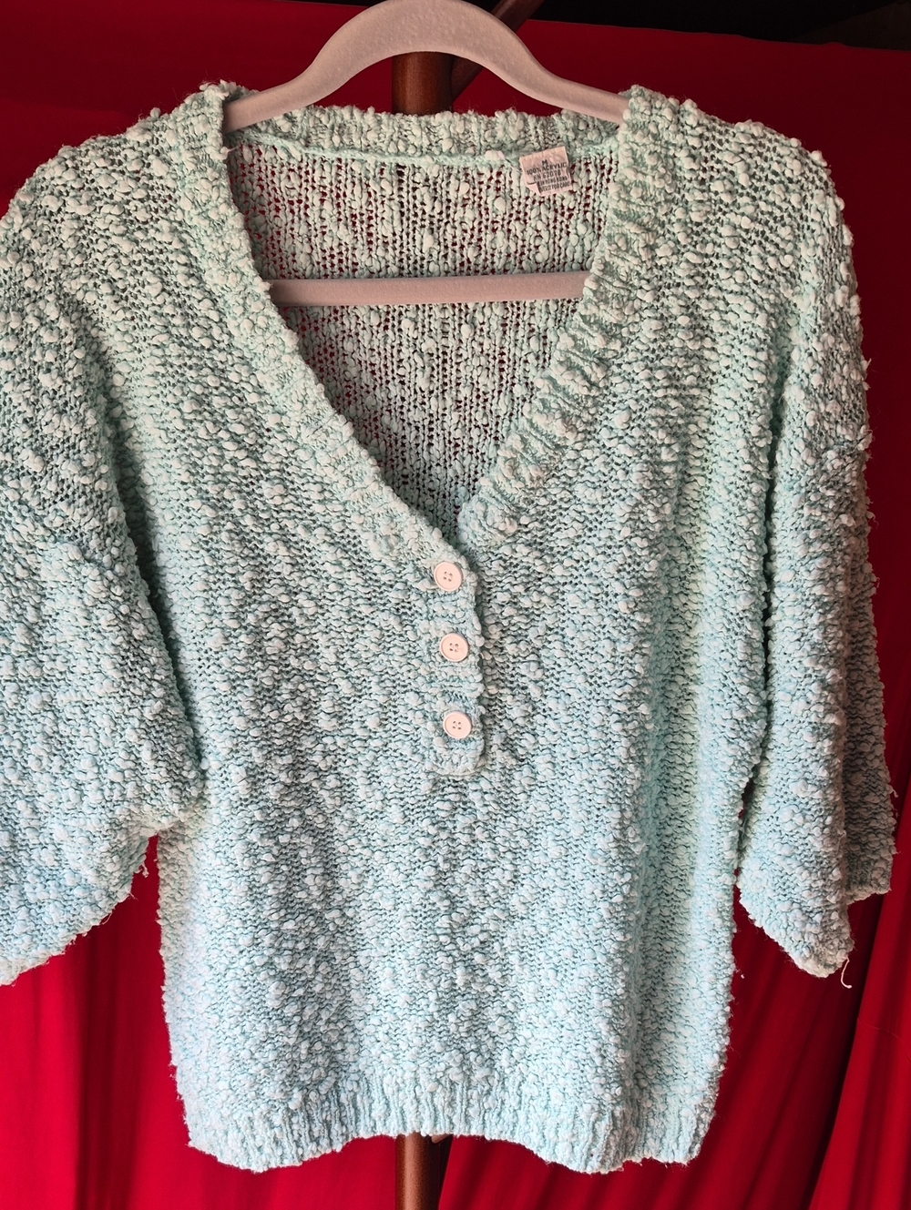 Vintage Shenanigans Light Aqua V-Neck Popcorn Knit Sweater with Button Placket
